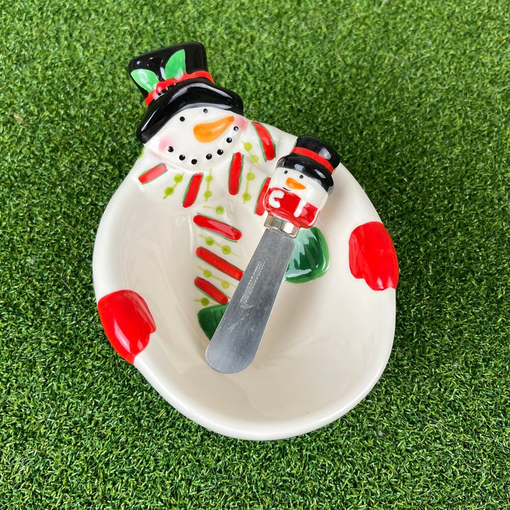 Vintage Hand Painted Ceramic Snowman Holiday Dish Bowl with Spreader